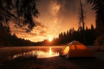 Sunset reflections over a tranquil lake with an orange camping tent in the foreground surrounded by tall trees