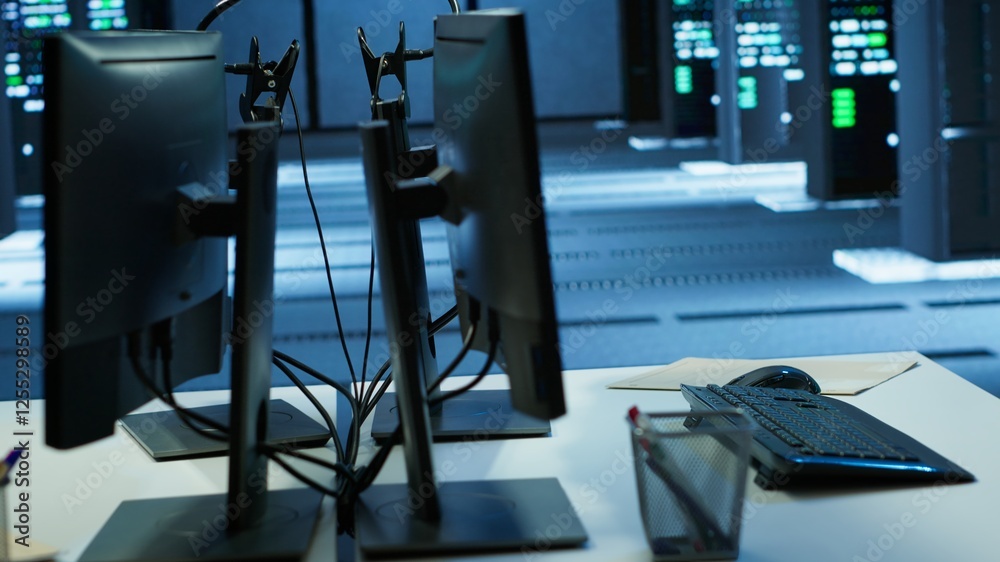 Poster computers in server farm used to ensure optimal performance and reliability, managing supercomputers