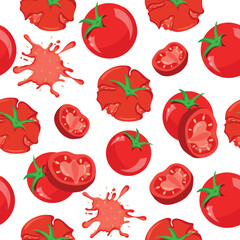 seamless pattern with red tomatoes in different shapes and states, for various packaging or textiles