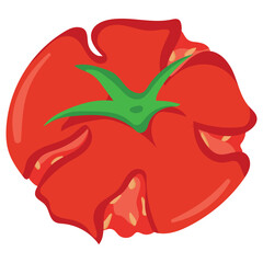 crushed red tomato icon with green tail and yellow seeds for various sauces and dressings