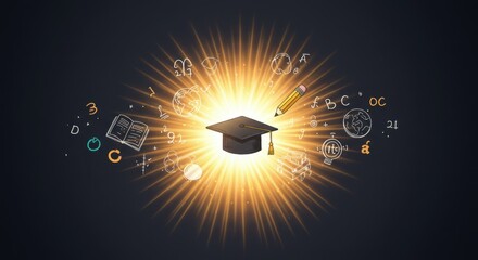 Graduation cap surrounded by symbols of learning and knowledge explosion