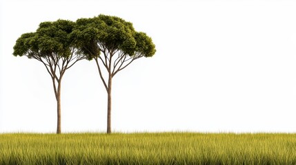 Fototapeta premium Two Pine Trees in a Yellow Flower Field Against White Background