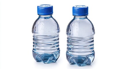 Two Small Clear Plastic Water Bottles with Blue Caps on White Background