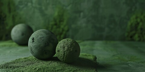 A minimalistic approach with a soft moss green background, Clean shapes and smooth surfaces, Contemporary minimalist style