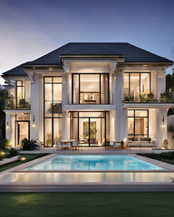 Fototapeta premium luxury, comfort, villa, architecture, interior, modern, elegance, spacious, cozy, stylish, natural light, minimalist, aesthetic, design, marble, wood, glass, open concept, high ceilings, pool, greener