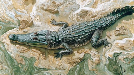 A crocodile camouflaged in the rivers edge