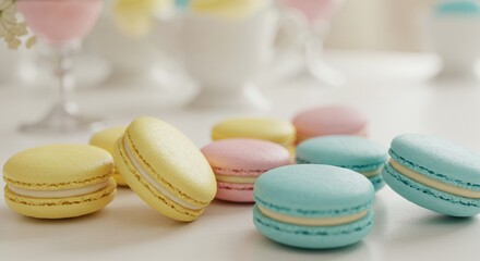 Fototapeta premium Colorful pastel macarons are displayed on a white surface