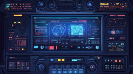 Futuristic Spaceship Control Panel Display with Complex Information