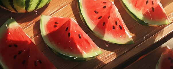 Fresh watermelon slices on wooden cutting board with sunlight