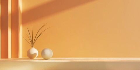 A minimalistic approach with a soft tangerine background, Clean shapes and smooth surfaces, Contemporary minimalist style