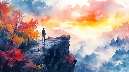 Naklejka premium A person stands on a cliff enjoying a breathtaking sunset view over colorful autumn hills.