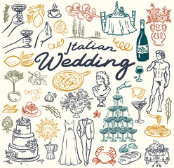 Italian Wedding- whimsical style, hand drawn collection of illustrations, vector
