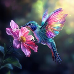 Fototapeta premium Hummingbird feeding on pink flower, garden background, nature art