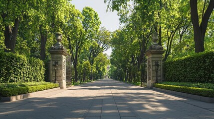 Obraz premium Formal Garden Path Lined With Green Trees