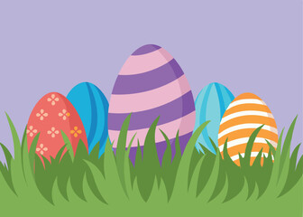 Joyful Spring Meadow, Colorful Easter Eggs Hunt flat card cute bunny grass green