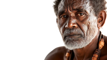 Closeup portrait of a weathered older man with dark skin graying beard and traditional facial markings He has a serious expression The background is plain white