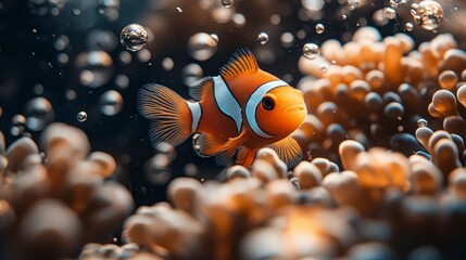 Clownfish swimming in coral reef, bubbles, ocean