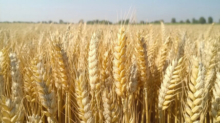Fototapeta premium golden field of wheat swaying gently under clear blue sky, showcasing nature bounty and beauty
