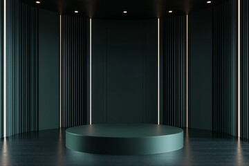 Stylish black room featuring a forest green partition with copyspace, illuminated by LED lights, designed for presentations and creative displays in modern settings