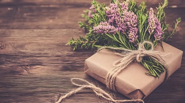 Elegant Lavender Bouquet on Gift Wrapped in Brown Paper with Rustic Twine on Wood Surface