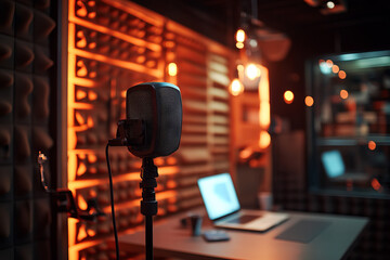Professional audio recording setup with microphones, laptop, and acoustic panels in studio