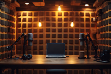 Modern audio recording studio with two microphones, laptop, and acoustic wall design