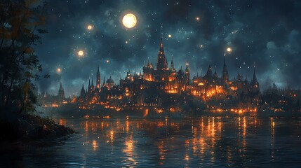 A mystical night cityscape illuminated by shimmering lights and a full moon reflection.