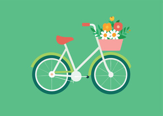 Springtime Easter Bicycle, Floral Basket, Flat Vector Illustration eggs cute card
