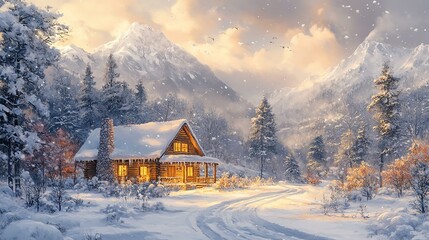Cozy cabin in a serene winter landscape with soft snowfall and majestic mountains.