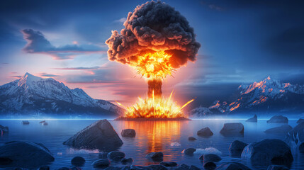 Fototapeta premium A fiery explosion rises from the ocean, creating a mushroom cloud against a stormy backdrop