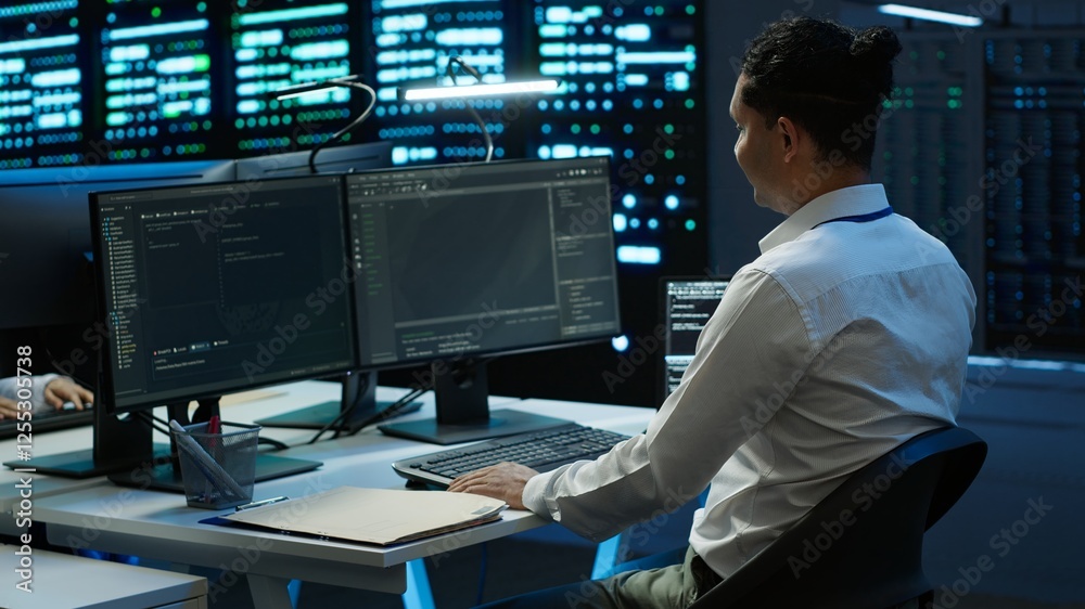 Poster data center system administrator responsible for installation of networking equipment solving tasks.
