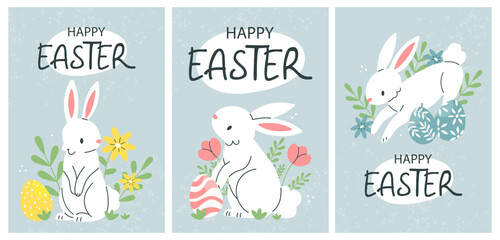 Fototapeta premium Set of Easter postcards posters with a white rabbit, flowers and Easter eggs and text Happy Easter. Vector illustration template.