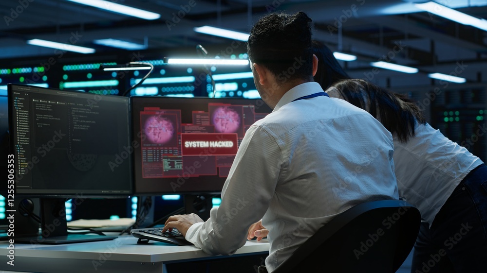 Poster computer scientists in server room protect hardware from hacker attack stealing sensitive informatio