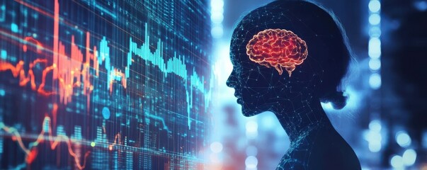 Silhouette of female analyzing digital brain data with neural network