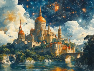 Fototapeta premium A majestic castle surrounded by vibrant nature and a starry night sky.