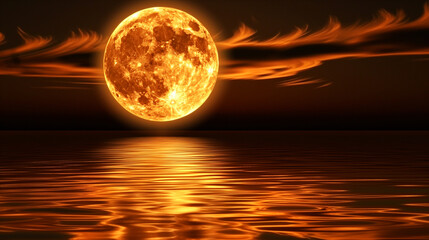 Glowing full moon rising over calm ocean water surface reflecting moonlight at night