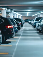 Cars parked in an underground parking lot with geometric lines and modern lighting design