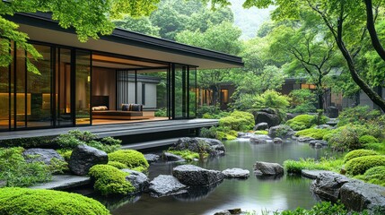 Modern Japanese House with Zen Garden, Tranquil Morning Scene