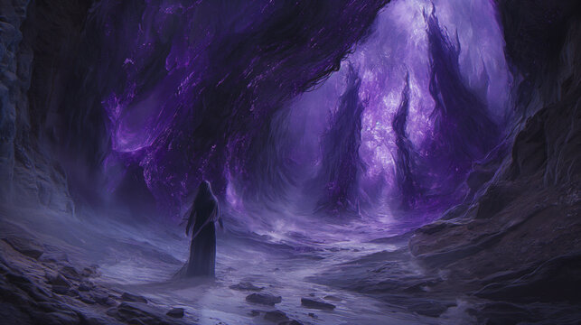 Sorcerer exploring glowing purple cave in fantasy world