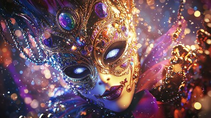 Elegant Venetian Mask Festive Carnival Costume Design Gold Purple Jewels Mystical Fantasy Mysterious Masquerade Ball Celebration Sparkling Glitter    
