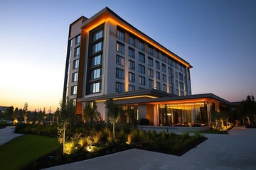 Fototapeta premium Modern Hotel Exterior at Twilight with Warm Lighting and Elegant Landscaping Design View
