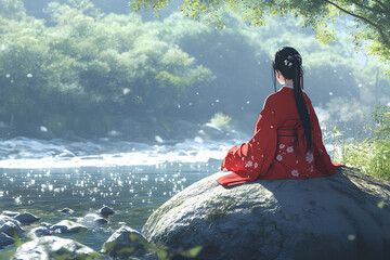 anime female character is sitting with beautiful lake background