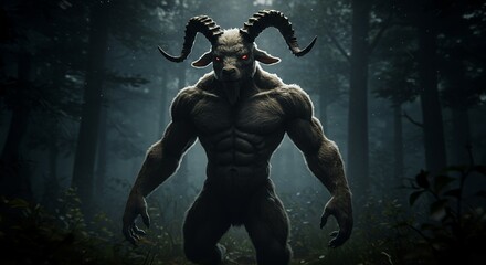 Muscular humanoid goat stands menacingly in a dark forest