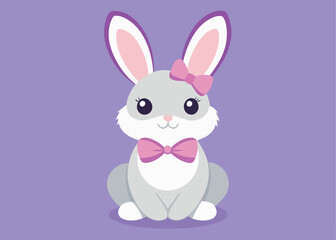 Fototapeta premium Adorable Easter Bunny with Big Pink Bow on Lavender cute flat card icon image 