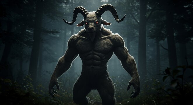 Muscular humanoid goat stands menacingly in a dark forest