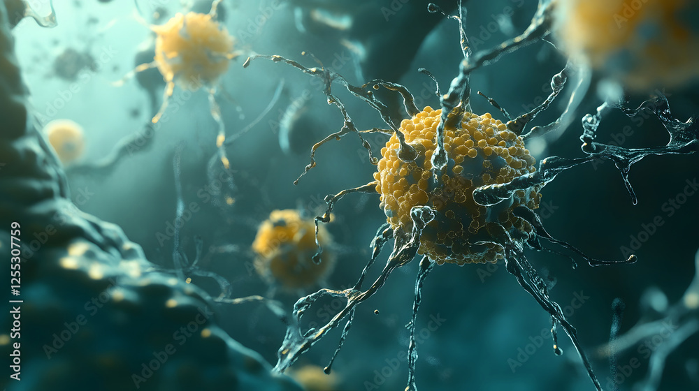 Poster Closeup of intricate microscopic cellular structure depicting futuristic neural connections and synaptic pathways in an digital Conceptual image representing innovation scientific discovery