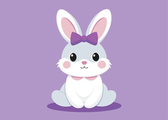 Obraz premium Adorable Easter Bunny with Pink Bow on Lavender, Flat Vector Illustration cute 