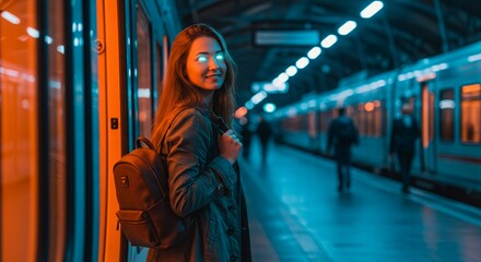 Obraz premium Woman with glowing eyes waits for train in subway