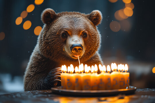 Bear is sitting in front of a lit birthday cake. The bear is licking its lips and he is enjoying the cake