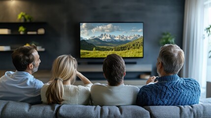Family enjoying nature documentary on TV together in comfortable living room